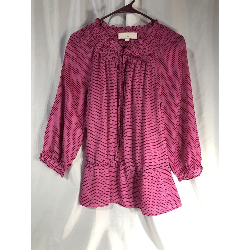 Pretty in Pink LOFT Blouse With Tiny Black Polka Dots -Romantic-Size S-Preowned